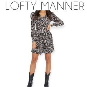 Lofty Manner Black Ditsy Floral Long Sleeve Mini Dress XS Boho ALine Spring Edit